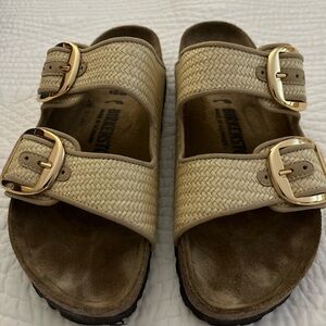 Birkenstock Raffia Sandals with Gold Buckles